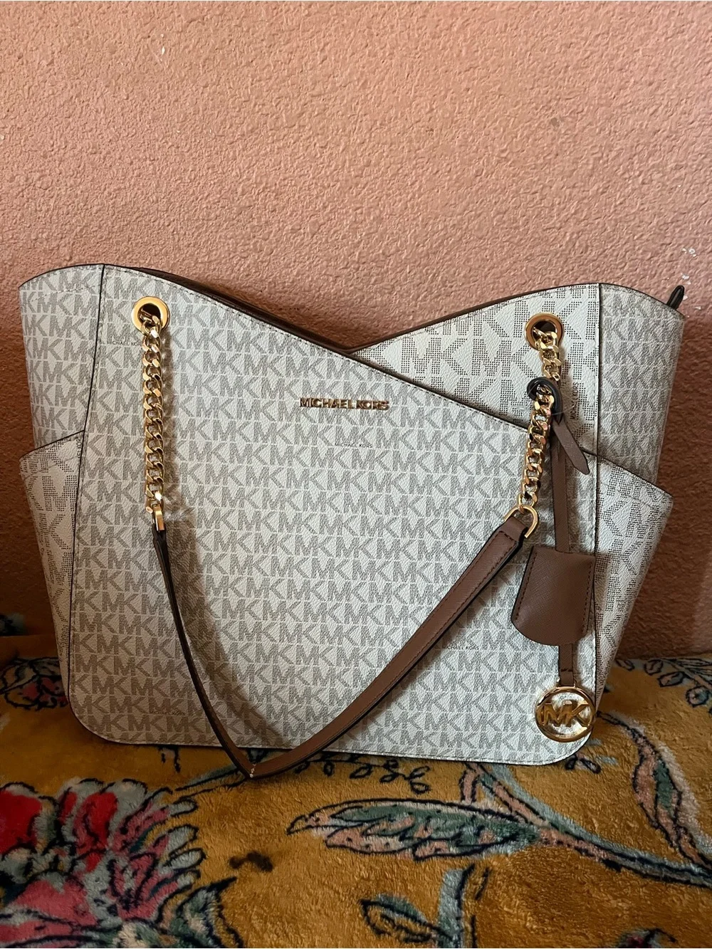 Michael Kors White and Brown MK Logo Tote with Gold Hardware